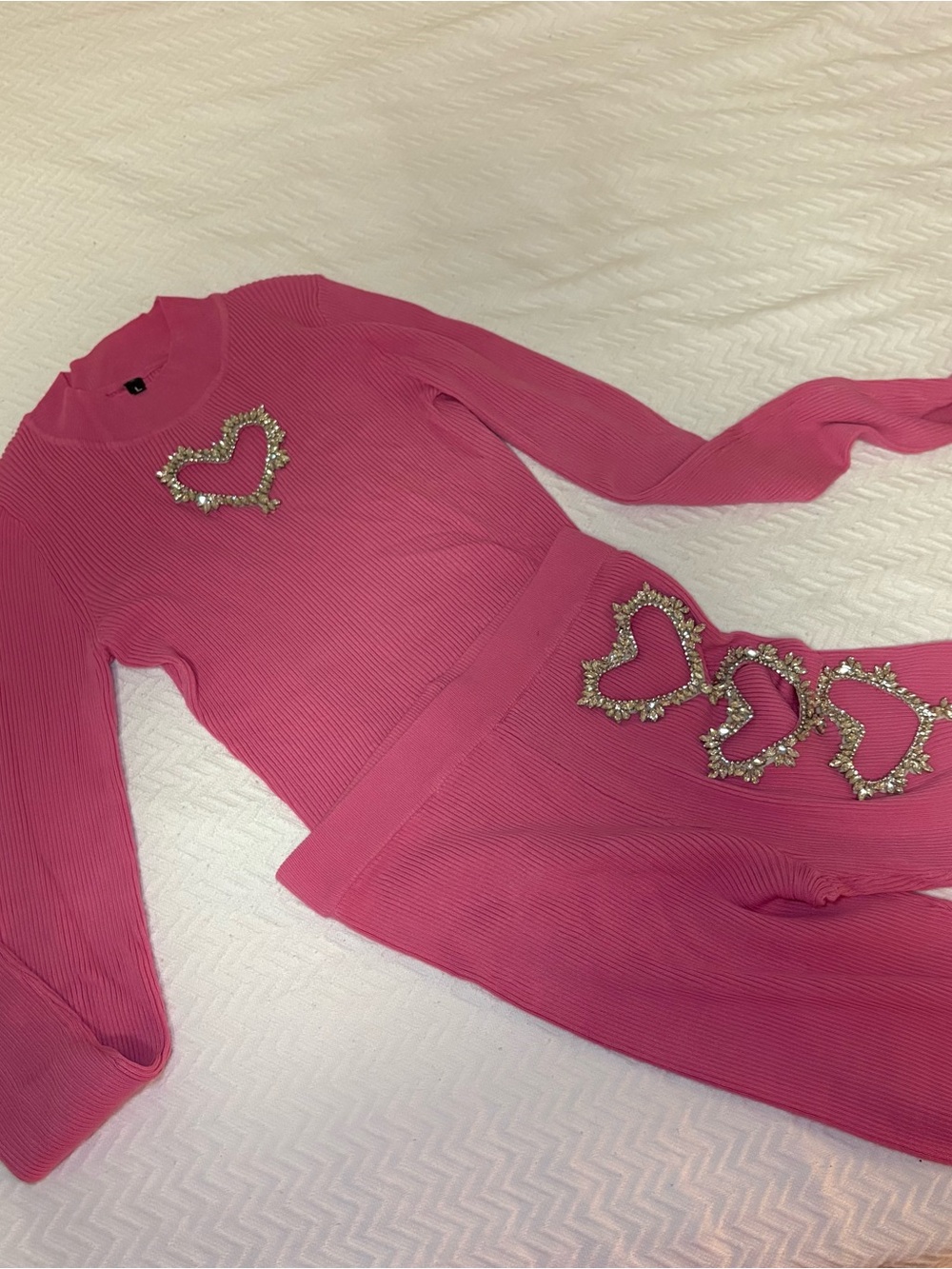 Lipstick Boutique Pink Ribbed Sweater Set with Crystal Heart cut outs